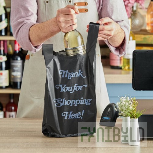 Choice .98 Mil Black Italic Thank You Extra Heavy-Duty Plastic Liquor Bag - 1,000/Case