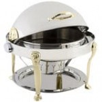 Bon Chef 18000G Elite Round 8 Qt. Dripless Round Stainless Steel with Gold Accents Roll Top Chafer with Lion Legs Bon Chef 18000G Elite Round 8 Qt. Dripless Round Stainless Steel with Gold Accents Roll Top Chafer with Lion Legs