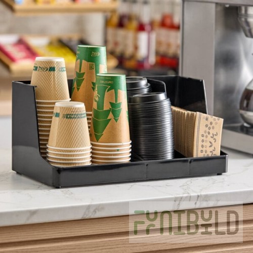 Choice Black 3-Section Countertop Cup, Lid and Napkin Organizer