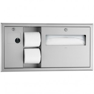 Bobrick B-3091 ClassicSeries Horizontal Recessed Toilet Seat-Cover and Toilet Tissue Dispenser with Sanitary Napkin Disposal - Left Bobrick B-3091 ClassicSeries Horizontal Recessed Toilet Seat-Cover and Toilet Tissue Dispenser with Sanitary Napkin Disposal - Left