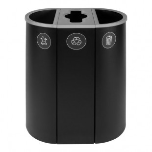 Busch Systems Spectrum 101205 26 Gallon Slim Black Powder-Coated Steel Three Stream Decorative Organics / Recyclables / Waste Receptacle Busch Systems Spectrum 101205 26 Gallon Slim Black Powder-Coated Steel Three Stream Decorative Organics / Recyclables / Waste Receptacle