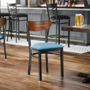 Lancaster Table & Seating Boomerang Black Finish Chair with Blue Vinyl Seat and Vintage Wood Back Lancaster Table & Seating Boomerang Black Finish Chair with Blue Vinyl Seat and Vintage Wood Back