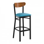 Lancaster Table & Seating Boomerang Black Finish Chair with Blue Vinyl Seat and Vintage Wood Back
