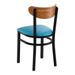 Lancaster Table & Seating Boomerang Black Finish Chair with Blue Vinyl Seat and Vintage Wood Back