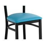Lancaster Table & Seating Boomerang Black Finish Chair with Blue Vinyl Seat and Vintage Wood Back