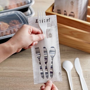 Dinex Woodgrain Enjoy Paper Cutlery Caddy with Napkin - 520/Case Dinex Woodgrain Enjoy Paper Cutlery Caddy with Napkin - 520/Case