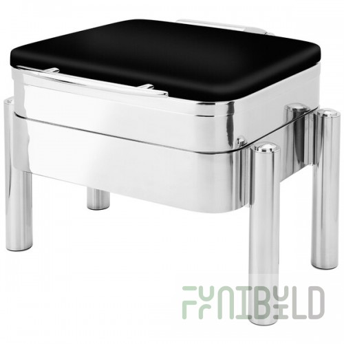 Eastern Tabletop 3974SMB Jazz Swing 6 Qt. Black Coated Stainless Steel Square Chafer with Pillar'd Stand and Hinged Dome Cover