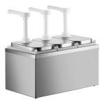 ServSense Triple 2 Qt. Stainless Steel Condiment Dispenser - 3 Plastic Pumps, 1 oz. Portions ServSense Triple 2 Qt. Stainless Steel Condiment Dispenser - 3 Plastic Pumps, 1 oz. Portions