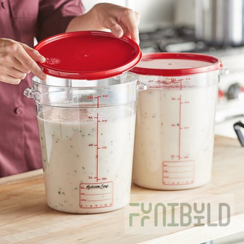 Vigor 8 Qt. Clear Round Polycarbonate Food Storage Container and Red Lid - 12/Pack