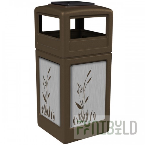 Commercial Zone 733096299 42 Gallon Brown Square Trash Can with Stainless Steel Cattail Panels and Ashtray Lid