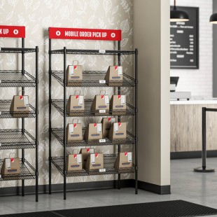 Regency NSF Black Epoxy Take-Out Shelving Station with 1 Shelf and 4 Slanted Drop In Baskets plus PVC Shelf Mat Overlay - 18