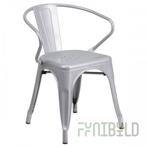 Flash Furniture CH-31270-SIL-GG Silver Stackable Galvanized Steel Chair with Arms, Vertical Slat Back, and Drain Hole Seat