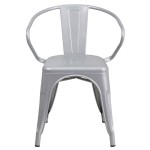 Flash Furniture CH-31270-SIL-GG Silver Stackable Galvanized Steel Chair with Arms, Vertical Slat Back, and Drain Hole Seat
