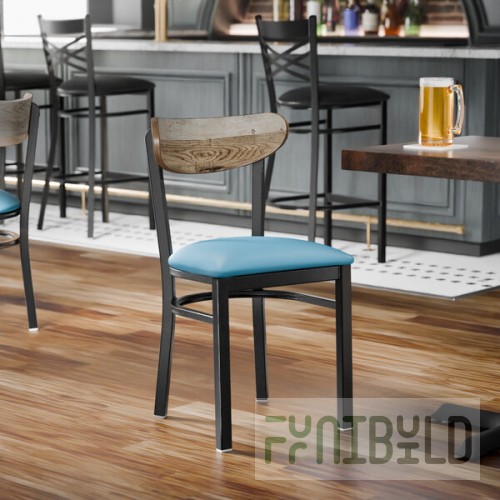 Lancaster Table & Seating Boomerang Black Finish Chair with Blue Vinyl Seat and Driftwood Back - Unassembled