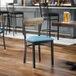 Lancaster Table & Seating Boomerang Black Finish Chair with Blue Vinyl Seat and Driftwood Back - Unassembled Lancaster Table & Seating Boomerang Black Finish Chair with Blue Vinyl Seat and Driftwood Back - Unassembled
