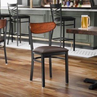 Lancaster Table & Seating Boomerang Black Finish Chair with Dark Brown Vinyl Seat and Antique Walnut Wood Back Lancaster Table & Seating Boomerang Black Finish Chair with Dark Brown Vinyl Seat and Antique Walnut Wood Back