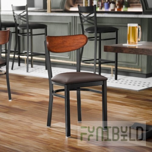 Lancaster Table & Seating Boomerang Black Finish Chair with Dark Brown Vinyl Seat and Antique Walnut Wood Back