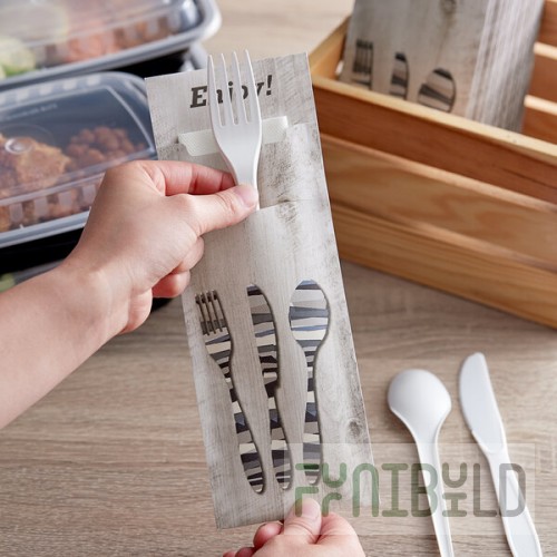 Dinex Woodgrain Enjoy Large Paper Cutlery Caddy with Napkin - 325/Case