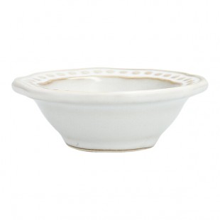 Manette Perls by Zwiesel Fortessa 1.5 oz. White Round Scalloped Stoneware Dipping Bowl with Embossed Pearl Edge - 24/Case Manette Perls by Zwiesel Fortessa 1.5 oz. White Round Scalloped Stoneware Dipping Bowl with Embossed Pearl Edge - 24/Case