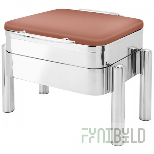 Eastern Tabletop 3974SCP Jazz Swing 6 Qt. Copper Coated Stainless Steel Square Chafer with Pillar'd Stand and Hinged Dome Cover