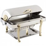 Bon Chef 18000 Elite Round 8 Qt. Dripless Round Stainless Steel with Brass Accents Roll Top Chafer with Lion Legs Bon Chef 18000 Elite Round 8 Qt. Dripless Round Stainless Steel with Brass Accents Roll Top Chafer with Lion Legs