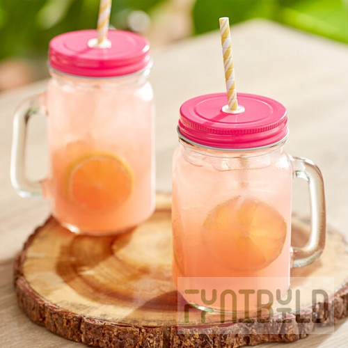 Acopa Rustic Charm 16 oz. Drinking Jar with Handle and Pink Metal Lid with Straw Hole - 12/Case