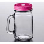 Acopa Rustic Charm 16 oz. Drinking Jar with Handle and Pink Metal Lid with Straw Hole - 12/Case
