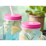 Acopa Rustic Charm 16 oz. Drinking Jar with Handle and Pink Metal Lid with Straw Hole - 12/Case