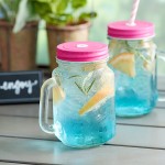 Acopa Rustic Charm 16 oz. Drinking Jar with Handle and Pink Metal Lid with Straw Hole - 12/Case