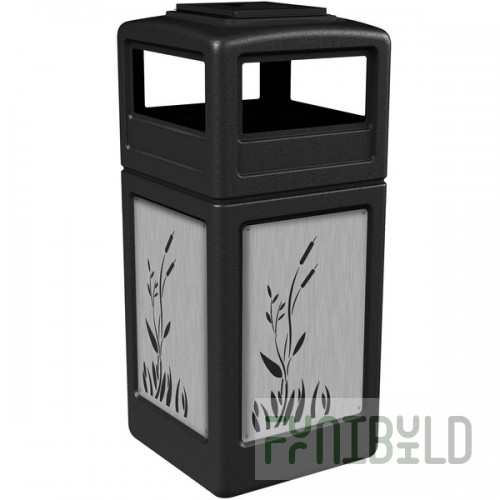 Commercial Zone 733096199 42 Gallon Black Square Trash Can with Stainless Steel Cattail Panels and Ashtray Lid
