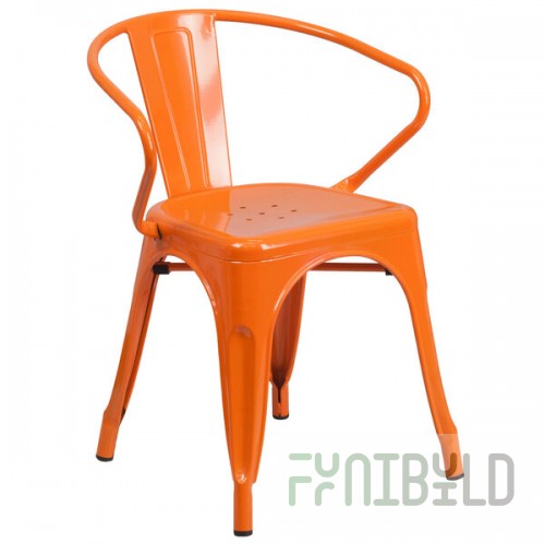Flash Furniture CH-31270-OR-GG Orange Stackable Galvanized Steel Chair with Arms, Vertical Slat Back, and Drain Hole Seat