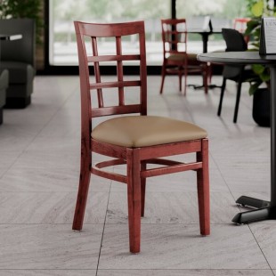 Lancaster Table & Seating Mahogany Finish Wood Window Back Chair with Taupe Vinyl Seat - Assembled Lancaster Table & Seating Mahogany Finish Wood Window Back Chair with Taupe Vinyl Seat - Assembled