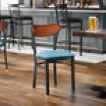 Lancaster Table & Seating Boomerang Black Finish Chair with Blue Vinyl Seat and Antique Walnut Wood Back - Unassembled