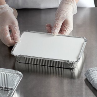 Choice 1.5 lb. Shallow Oblong Foil Take-Out Container with Board Lid - 50/Pack Choice 1.5 lb. Shallow Oblong Foil Take-Out Container with Board Lid - 50/Pack