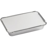 Choice 1.5 lb. Shallow Oblong Foil Take-Out Container with Board Lid - 50/Pack Choice 1.5 lb. Shallow Oblong Foil Take-Out Container with Board Lid - 50/Pack