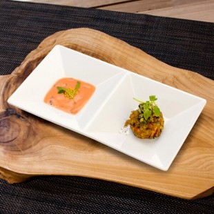 Front of the House Kyoto 6 oz. Bright White 2-Compartment Rectangular Porcelain Sauce Dish - 6/Case