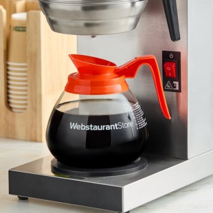 WebstaurantStore Logo 64 oz. Glass Coffee Decanter with Orange Handle by Avantco Equipment - 24/Case