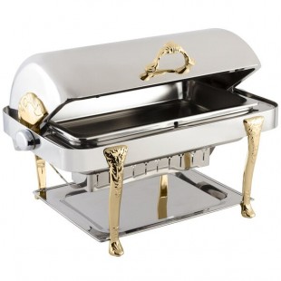 Bon Chef 17040G Elite Rectangle 8 Qt. Dripless Stainless Steel with Gold Plated Accents Roll Top Chafer with Renaissance Legs Bon Chef 17040G Elite Rectangle 8 Qt. Dripless Stainless Steel with Gold Plated Accents Roll Top Chafer with Renaissance Legs