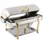 Bon Chef 17040G Elite Rectangle 8 Qt. Dripless Stainless Steel with Gold Plated Accents Roll Top Chafer with Renaissance Legs Bon Chef 17040G Elite Rectangle 8 Qt. Dripless Stainless Steel with Gold Plated Accents Roll Top Chafer with Renaissance Legs