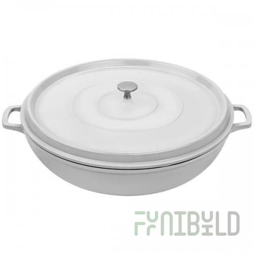 GET Heiss 7.5 Qt. White Enamel Coated Cast Aluminum Round Brazier / Paella Pan with Lid CA-015-AWH/BK/CC