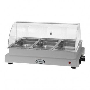 Cadco WTBS-3N-HD 3-Compartment Third Size Electric Heavy-Duty Buffet Server with Roll Top Lid - 120V Cadco WTBS-3N-HD 3-Compartment Third Size Electric Heavy-Duty Buffet Server with Roll Top Lid - 120V