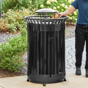 Lancaster Table & Seating 45 Gallon Heavy-Duty Round Black Steel Slatted Outdoor Trash Can with Rain Bonnet Lid and Door Lancaster Table & Seating 45 Gallon Heavy-Duty Round Black Steel Slatted Outdoor Trash Can with Rain Bonnet Lid and Door
