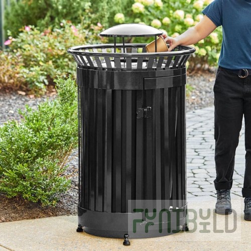 Lancaster Table & Seating 45 Gallon Heavy-Duty Round Black Steel Slatted Outdoor Trash Can with Rain Bonnet Lid and Door