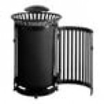 Lancaster Table & Seating 45 Gallon Heavy-Duty Round Black Steel Slatted Outdoor Trash Can with Rain Bonnet Lid and Door