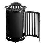Lancaster Table & Seating 45 Gallon Heavy-Duty Round Black Steel Slatted Outdoor Trash Can with Rain Bonnet Lid and Door