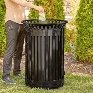 Lancaster Table & Seating 45 Gallon Heavy-Duty Round Black Steel Slatted Outdoor Trash Can with Flat Lid and Door Lancaster Table & Seating 45 Gallon Heavy-Duty Round Black Steel Slatted Outdoor Trash Can with Flat Lid and Door