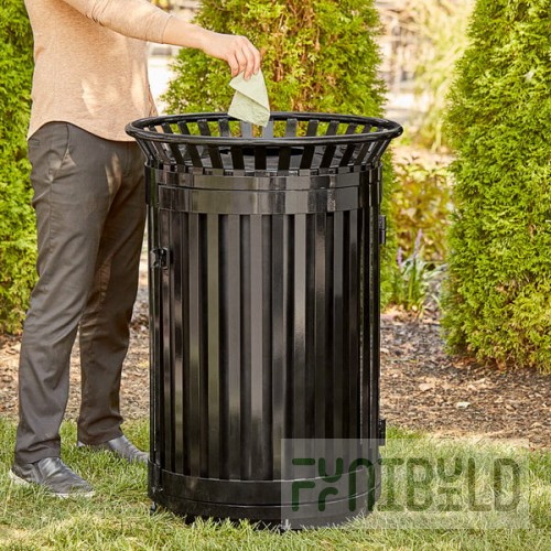 Lancaster Table & Seating 45 Gallon Heavy-Duty Round Black Steel Slatted Outdoor Trash Can with Flat Lid and Door
