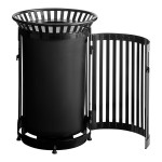 Lancaster Table & Seating 45 Gallon Heavy-Duty Round Black Steel Slatted Outdoor Trash Can with Flat Lid and Door Lancaster Table & Seating 45 Gallon Heavy-Duty Round Black Steel Slatted Outdoor Trash Can with Flat Lid and Door