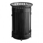 Lancaster Table & Seating 45 Gallon Heavy-Duty Round Black Steel Slatted Outdoor Trash Can with Flat Lid and Door Lancaster Table & Seating 45 Gallon Heavy-Duty Round Black Steel Slatted Outdoor Trash Can with Flat Lid and Door
