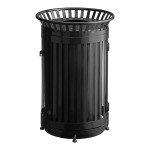 Lancaster Table & Seating 45 Gallon Heavy-Duty Round Black Steel Slatted Outdoor Trash Can with Flat Lid and Door Lancaster Table & Seating 45 Gallon Heavy-Duty Round Black Steel Slatted Outdoor Trash Can with Flat Lid and Door